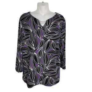 Chico's Easywear Womens Top Size 2 Large Leafy Lines Double Bar Tee 3/4 Sleeve